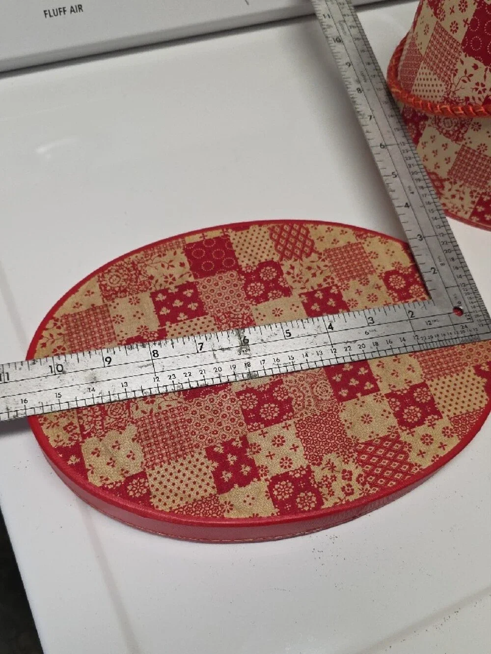 VINTAGE 50'S Large Sewing Container, Box, Storage Red Patchwork with Rope Handle